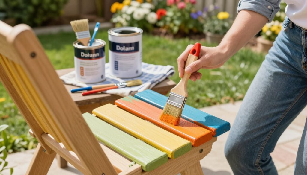 A step-by-step guide on painting garden furniture. In the foreground, a person in casual clothing is carefully painting a wooden garden chair with a brush, showcasing a vibrant color. The middle layer features various painting supplies, like open cans of outdoor paint, brushes, and a drop cloth. The background includes a sunny backyard scene with blooming flowers and green grass, enhancing the outdoor atmosphere. The lighting is bright and cheerful, highlighting the colors of the paint and the texture of the furniture. The perspective is slightly angled from above to capture the painting process dynamically, creating an inviting and peaceful mood suitable for DIY enthusiasts.