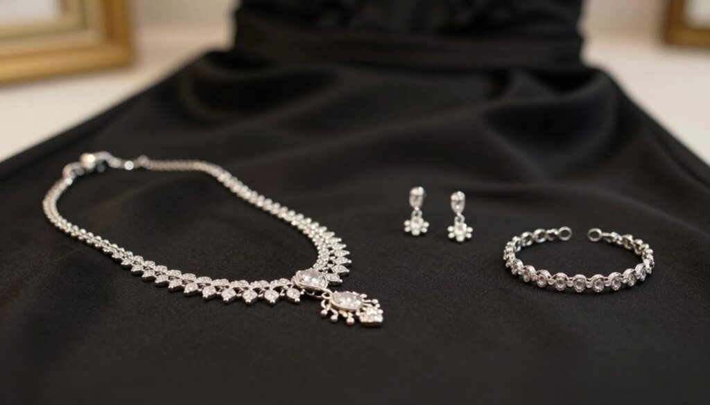 A stunning display of silver jewelry elegantly arranged to complement a classic black dress. In the foreground, a glinting silver necklace with intricate designs lies gracefully over the fabric, catching the light. Scattered nearby, delicate matching earrings and a refined bracelet showcase the elegance of silver. In the middle ground, the soft, draped fabric of the black dress creates a luxurious backdrop, while hints of texture add depth. The lighting is soft and warm, creating an inviting atmosphere, enhancing the shimmer of the jewelry. The background is subtly blurred, focusing attention on the jewelry pieces, emphasizing a classy and sophisticated mood perfect for an evening event or wedding.
