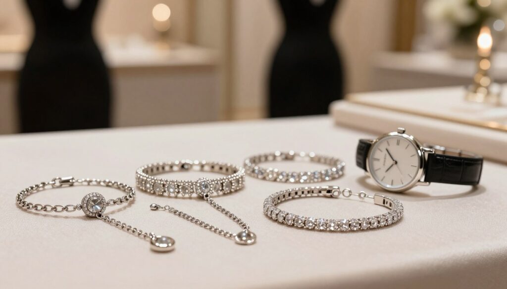 A stylish arrangement of elegant wrist bracelets displayed on a delicate fabric surface. The foreground features a variety of beautifully designed bracelets, showcasing intricate details such as sparkling gemstones, elegant chains, and unique clasps. A sophisticated watch is placed beside them, adding a touch of elegance. The middle ground softly blurs into an elegant, softly lit environment that suggests an evening setting, with hints of luxurious décor in muted colors. The background features a subtle bokeh effect, with warm light creating a glamorous atmosphere. Aim for soft, diffused lighting to accentuate the shine and texture of the jewelry. The overall mood should evoke sophistication and luxury, suitable for complementing a black dress at a wedding or an elegant evening out.