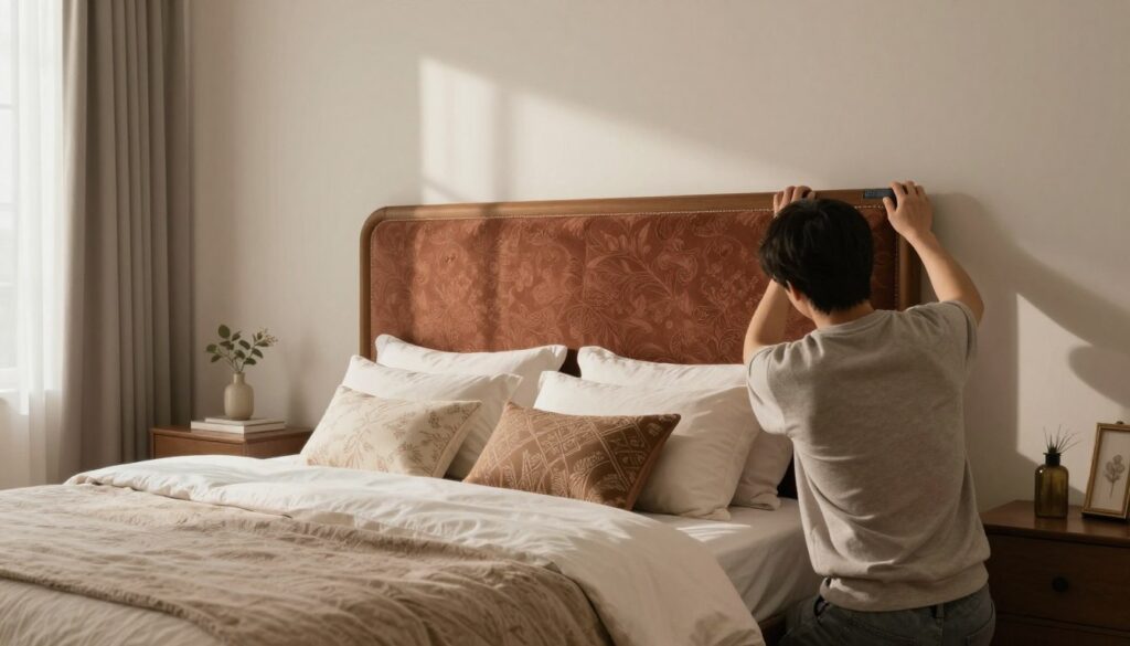A stylish bedroom interior showcasing the installation of a headboard on the wall and bed frame. In the foreground, a person in casual, modest clothing efficiently mounts a beautifully upholstered headboard, with rich fabrics and subtle patterns. The middle ground reveals a neatly arranged bed, adorned with decorative pillows and bedding that complements the headboard. In the background, soft, natural light filters through a large window, casting gentle shadows and creating a warm, inviting atmosphere. The overall composition emphasizes a cozy and elegant bedroom setting, highlighting the DIY aspect of headboard installation. Use a wide-angle lens to capture a sense of space and depth.