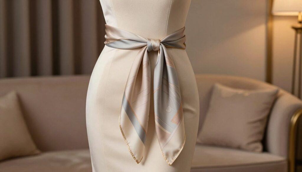 A stylish evening dress showcased elegantly, featuring intricate details and a flattering silhouette. In the foreground, a beautifully draped scarf is artistically tied in different knots, complementing the dress's design. The scarf and dress share a harmonious color palette, enhancing the overall aesthetic. The middle ground includes a softly lit, luxurious setting, perhaps a plush sofa or an elegant backdrop featuring soft fabrics and muted colors. In the background, subtle warm lighting casts a sophisticated glow, creating an inviting and elegant atmosphere. The angle captures the textures of the dress and scarf, emphasizing their graceful flow. Overall, the scene embodies refinement and grace, perfect for illustrating fashionable scarf tying techniques.