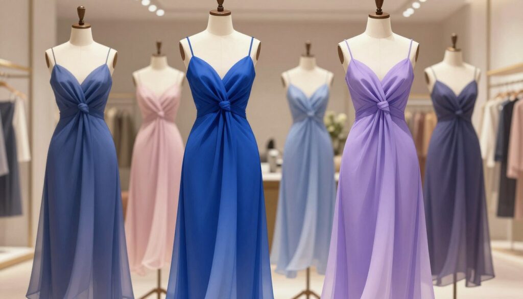 A stylish fashion illustration featuring various infinity dress styles displayed on elegant mannequins. In the foreground, a mannequin showcases a unique knotting style of an infinity dress, draped elegantly in a flowy fabric. The dress transitions in a gradient from rich royal blue at the top to a soft lavender at the hem. In the middle ground, additional mannequins wear dresses with different tying techniques, demonstrating versatility. The background features a softly blurred boutique setting with tasteful lighting that highlights the textures of the fabrics. Use a warm, inviting ambiance with soft shadows, capturing the charm of a fashion showcase. The composition should feel sophisticated and aspirational, emphasizing the creativity and adaptability of the infinity dress style.