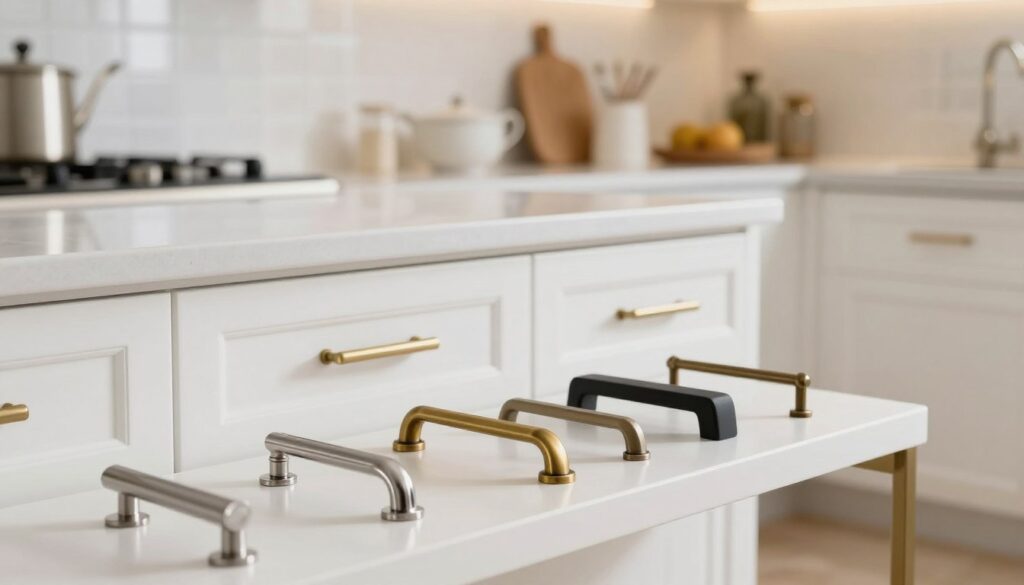 A stylish kitchen scene featuring various types of kitchen cabinet handles suitable for white furniture. In the foreground, display a selection of handles in different designs and finishes, such as sleek stainless steel, vintage brass, and minimalist matte black. In the middle ground, a contemporary white kitchen with softly lit cabinetry showcases these handles, emphasizing their contrasts against the glossy white surfaces. The background reveals a well-organized kitchen setting with warm, natural lighting, creating an inviting atmosphere. Use a slightly tilted angle to provide depth and focus on the textures of the handles, highlighting their uniqueness and craftsmanship. The mood should be elegant and modern, illustrating the harmony between the handles and the white cabinetry.