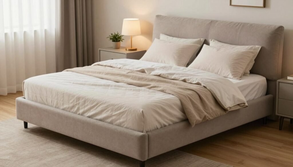 A stylish, modern bed with a built-in storage compartment for bedding, showcased prominently in the foreground. The bed features a plush headboard and a neatly made mattress draped in soft, neutral-toned linens. Soft pillows are arranged invitingly against the headboard. In the middle ground, a cozy bedroom scene is depicted, with a tasteful nightstand holding a stylish lamp and a small potted plant. The background reveals warm wooden floors and subtle wall decor, enhancing the bedroom atmosphere. Natural light filters softly through sheer curtains, creating a serene and inviting mood. The camera angle captures the bed from a slightly elevated perspective for a comprehensive view, evoking a sense of comfort and practicality.
