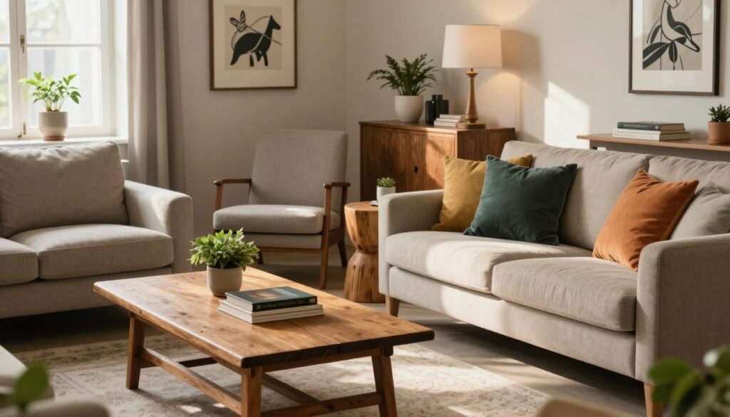 A stylish, modern living room featuring a curated selection of second-hand furniture arranged attractively. Foreground: a pristine, vintage wooden coffee table adorned with a small plant and a few books, beside a comfortable, neutral-toned sofa with colorful cushions. Middle: an elegant display of a stylish armchair and a rustic wooden side table, showcasing quality craftsmanship. Background: a softly lit space with a warm ambiance, walls adorned with tasteful artwork and subtle greenery. The lighting is natural and inviting, with sunlight streaming in from a window, creating soft shadows. The scene conveys a sense of comfort and elegance, appealing to potential buyers looking for attractive used furniture. A stylish, modern living room featuring a curated selection of second-hand furniture arranged attractively. Foreground: a pristine, vintage wooden coffee table adorned with a small plant and a few books, beside a comfortable, neutral-toned sofa with colorful cushions. Middle: an elegant display of a stylish armchair and a rustic wooden side table, showcasing quality craftsmanship. Background: a softly lit space with a warm ambiance, walls adorned with tasteful artwork and subtle greenery. The lighting is natural and inviting, with sunlight streaming in from a window, creating soft shadows. The scene conveys a sense of comfort and elegance, appealing to potential buyers looking for attractive used furniture.