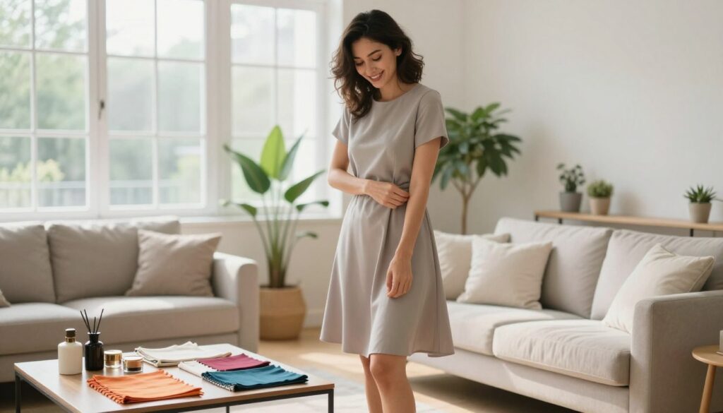 A stylish woman in a modest, knee-length dress is gracefully adjusting her outfit to stay in place. She stands in a bright, airy living room with soft natural light streaming through large windows. The foreground features vibrant fabric swatches and stylish accessories on a coffee table, symbolizing fashion tips. In the middle, the woman is confidently smiling, showcasing her elegant dress that flares slightly at the hem, capturing the essence of comfort and style. The background is decorated with plants and minimalistic furniture, creating a cozy atmosphere that inspires confidence. The camera angle is slightly elevated to focus on the woman's action, with a shallow depth of field to soften the surroundings. The mood is uplifting and chic, inviting readers to explore practical yet stylish solutions for keeping dresses in place.