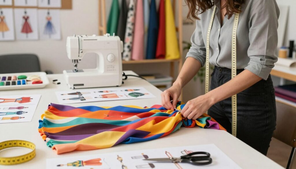 A tailored workshop scene focused on fabric manipulation techniques. In the foreground, a skilled seamstress, dressed in a professional outfit, demonstrates a method of adjusting the length of a dress using pins and fabric clips, showcasing a vibrant, flowing fabric. The middle ground features various fashion patterns and materials displayed on a spacious cutting table, with tools like measuring tape, scissors (not in use), and a sewing machine in sight. In the background, a soft-lit studio with shelves of colorful fabrics and sketches of different dress designs creates an inspiring atmosphere. The overall mood is creative and professional, with warm lighting illuminating the fabrics and giving a sense of innovation in fashion adjustments.