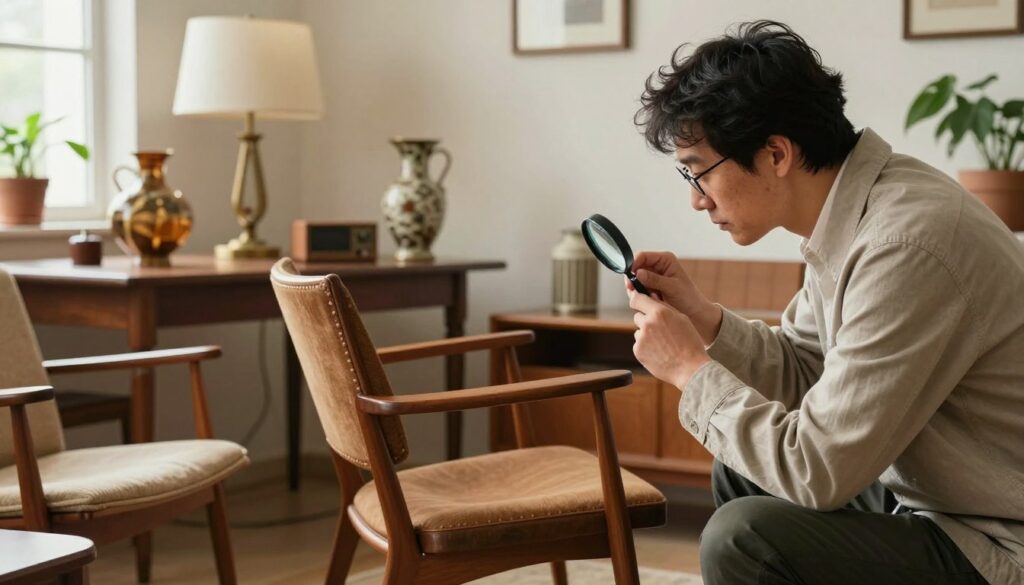 A vintage furniture appraisal scene showcasing a cozy, well-lit room filled with mid-century modern furniture pieces. In the foreground, a professional appraiser, dressed in a smart casual outfit, examines a classic PRL-era chair with a magnifying glass, analyzing its craftsmanship. The middle ground features a wooden table adorned with several vintage pieces, including a retro lamp and an ornate vase, showcasing a variety of styles typical of PRL design. The background displays a warm palette, with muted tones of beige and earth colors, and subtle hints of greenery from potted plants. Soft, natural lighting filters through a window, creating an inviting atmosphere that emphasizes the beauty and history of the vintage furniture. The composition reflects a sense of expertise and appreciation for retro aesthetics.