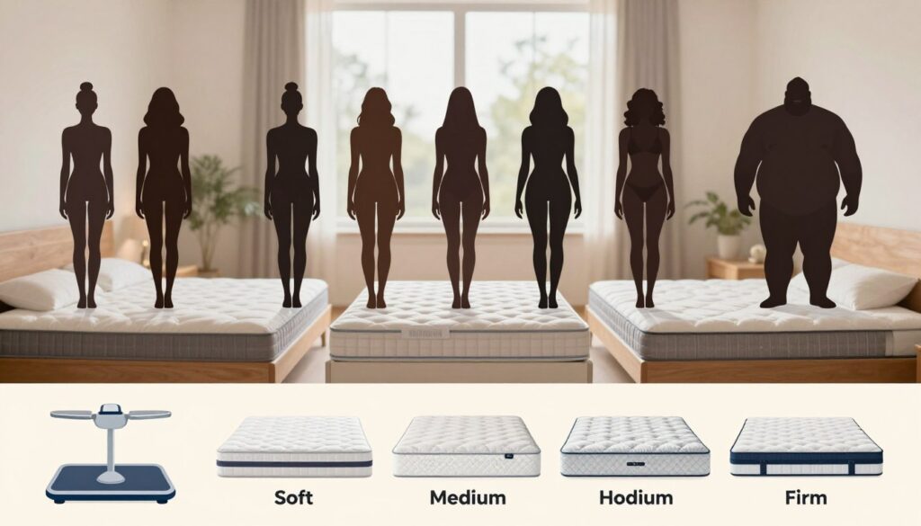 A visually engaging illustration depicting different mattress hardness levels relative to body weight and silhouette. In the foreground, a scale showing various weights alongside a selection of mattress types labeled with their firmness levels—soft, medium, and firm—clearly defined. In the middle ground, a diverse range of silhouettes representing different body types, such as slim, average, and robust, interacting with the mattresses, demonstrating how each mattress accommodates specific body shapes. The background features a serene bedroom setting with soft, natural lighting filtering through large windows, creating a warm and inviting atmosphere. The overall mood is informative and professional, designed to educate viewers on choosing the right mattress hardness based on individual needs.