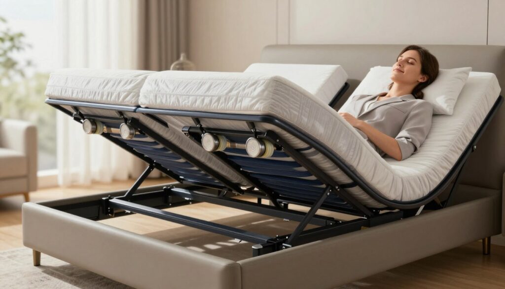 A visually engaging illustration of the Nuga Best bed mechanism, showcasing a sleek, modern design with visible features like adjustable sections and therapeutic elements. In the foreground, a calm individual in professional attire is comfortably lying on the bed, with a serene expression to convey relaxation. The middle layer highlights the bed's unique technological components, like rollers and massagers, integrated into the frame, creating an essence of wellness and health improvement. The background includes a softly lit room with neutral colors, emphasizing a peaceful atmosphere. Use warm lighting to create a cozy ambiance, focusing on the bed and its mechanisms while softly blurring the background. The angle should be a slightly elevated perspective, capturing both the functionality of the bed and the tranquility it offers.