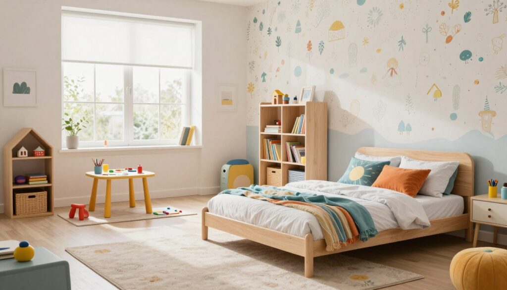 A well-designed children's room featuring a versatile, adjustable bed that grows with the child. In the foreground, showcase the bed with colorful bedding and playful pillows, surrounded by well-organized toys and a small bookshelf filled with storybooks. In the middle, include a cheerful play area with a soft rug, art supplies, and a small table where children can create. The background displays bright, friendly wallpaper with engaging patterns and ample natural light streaming through a window, enhancing the welcoming atmosphere. Use a wide-angle lens to capture the entire room, emphasizing the spaciousness and inviting mood. The overall ambiance should be bright, airy, and full of warmth, showcasing a functional yet playful arrangement.