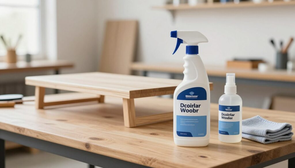 A well-lit workspace featuring professional wood degreasing products prominently displayed on a wooden work table. In the foreground, focus on a sleek bottle of wood cleaner with a modern, ergonomic design, showcasing its label that highlights its effectiveness. Beside it, a small spray bottle and a soft cloth rest on the table. In the middle ground, a pristine piece of furniture, like a wooden chair or table, awaits preparation for painting. The background shows a bright, airy workshop with tools neatly arranged, emphasizing a clean and organized atmosphere. The lighting is soft and natural, creating a warm, inviting mood that conveys professionalism and readiness for the task ahead. The image should evoke a sense of diligence in preparing surfaces for painting.