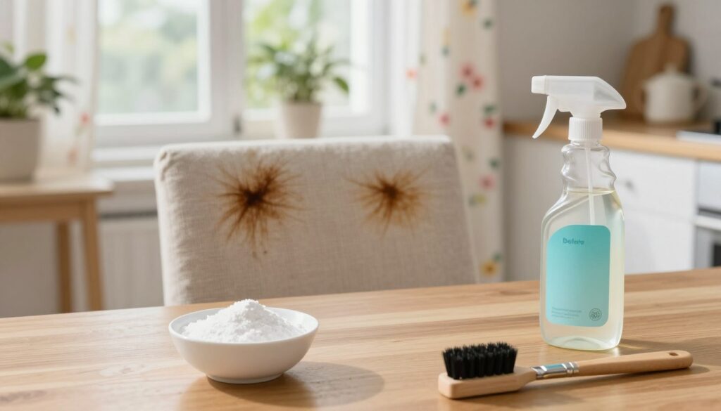 A well-organized and inviting kitchen scene, featuring a wooden table with various household items for removing hair dye stains. In the foreground, a small bowl of baking soda, a spray bottle of vinegar, and an application brush are neatly arranged. The middle section showcases a partially stained fabric chair with hair dye spots, displaying the before-and-after effect of the cleaning methods. In the background, soft natural light streams through a window, highlighting floral curtains and gentle greenery outside. The atmosphere is calm and homey, embodying a sense of practicality and warmth, suitable for a DIY cleaning guide. The scene is captured with a soft-focus lens to create a pleasant, inviting mood.