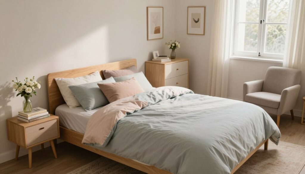 In a small, cozy bedroom, a neatly arranged bed is positioned thoughtfully to maximize space and comfort. The bed, adorned with soft, muted bedding in pastel colors, is nestled against a wall. A small bedside table with a lamp sits beside it, displaying a stack of books and a delicate vase with fresh flowers. The middle ground features a small, tidy dresser, and a cozy armchair positioned near a window, allowing natural light to flood the room. The background shows light-colored walls, adorned with simple artwork, and a soft rug on the floor. The image captures a warm, inviting atmosphere, with gentle sunlight filtering through sheer curtains, emphasizing the efficient use of space. The angle is slightly elevated, providing a clear overview of the layout and design principles at work.